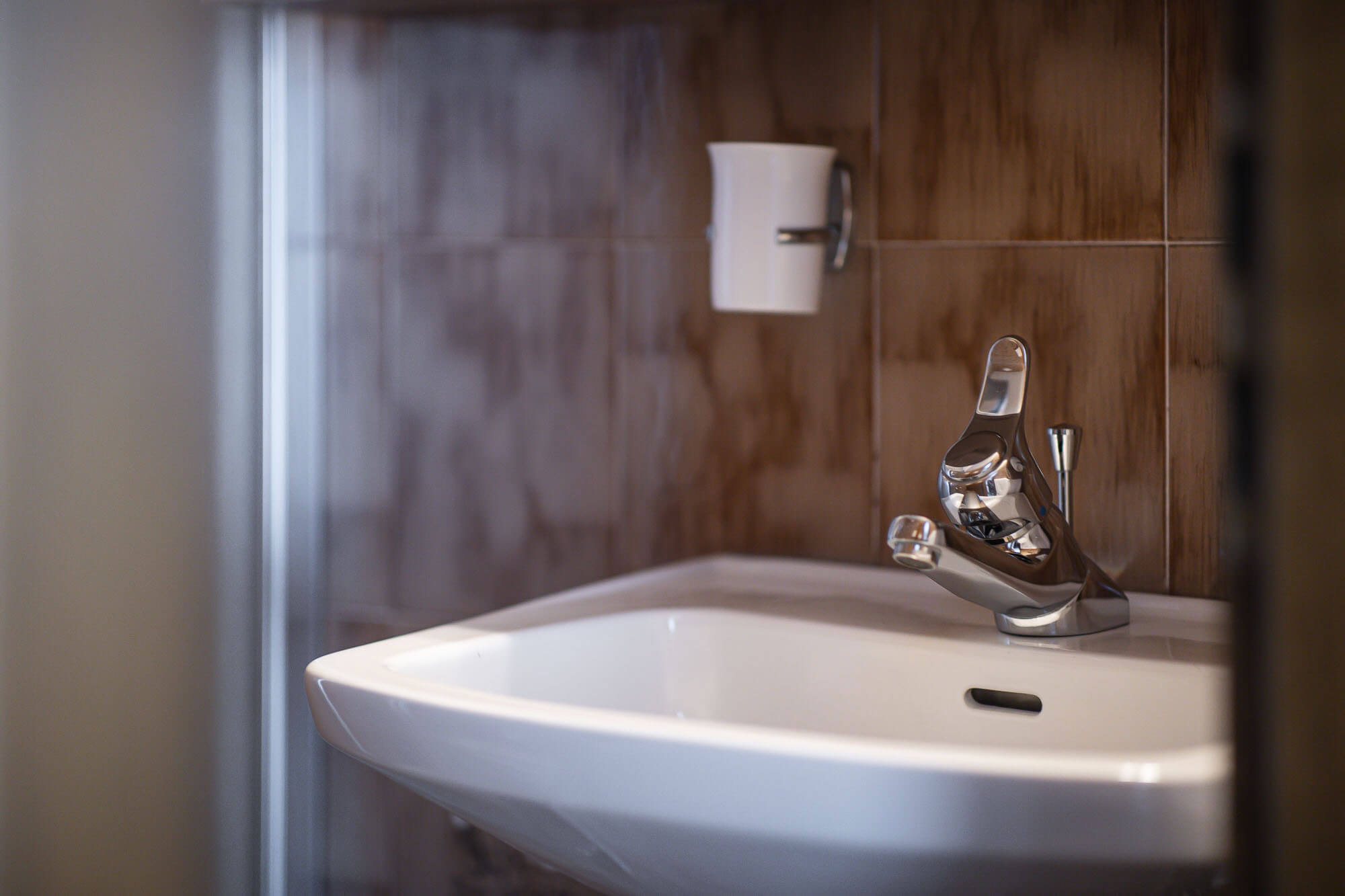 Washbasin with shower screen in the background - Hotel Mühlwald